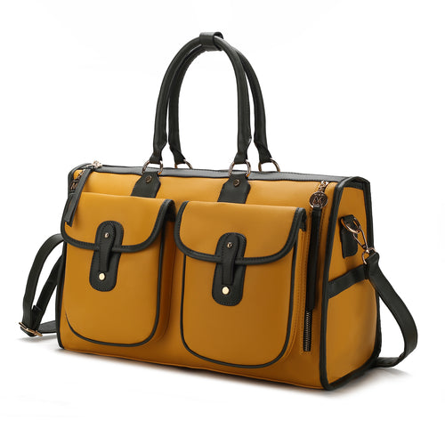 A Yellow Genevieve Duffle Handbag Color Block Vegan Leather Women with black handles made by Pink Orpheus.