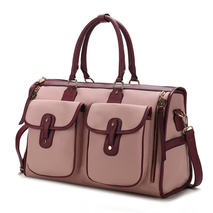 A Pink Orpheus Genevieve Duffle Handbag Color Block Vegan Leather Women in pink and brown.