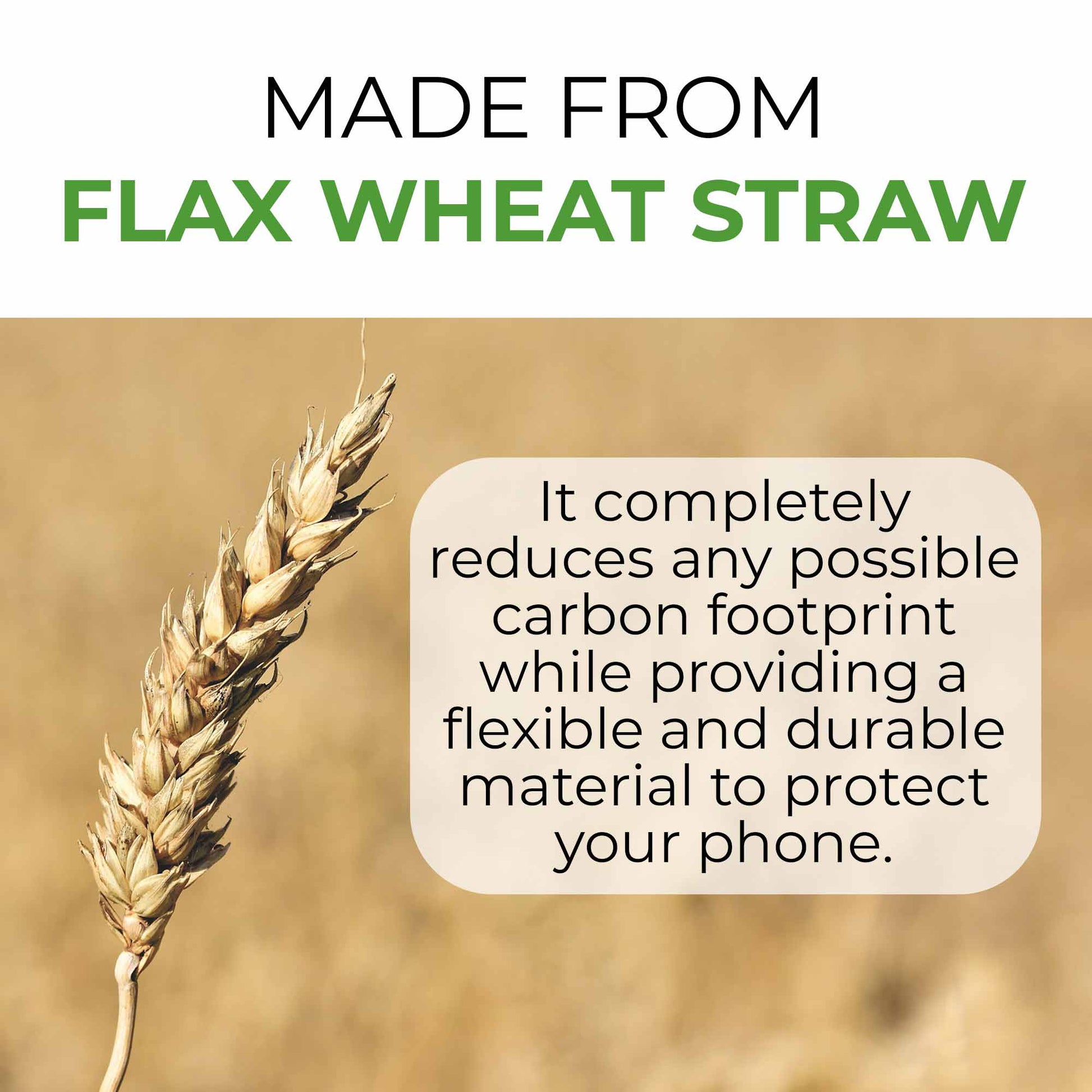 An advertisement banner showcasing a Biodegradable Personalized Iphone Case in Black with text stating it is made from flax wheat straw, highlighting its environmental and durability benefits.