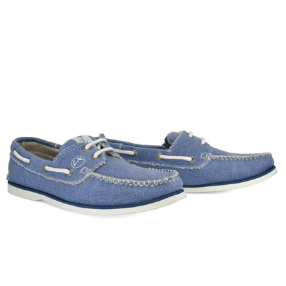 A pair of blue Amethyst Hestia Men Hemp & Vegan Boat Shoes with white laces and stitching, displayed against a white background.