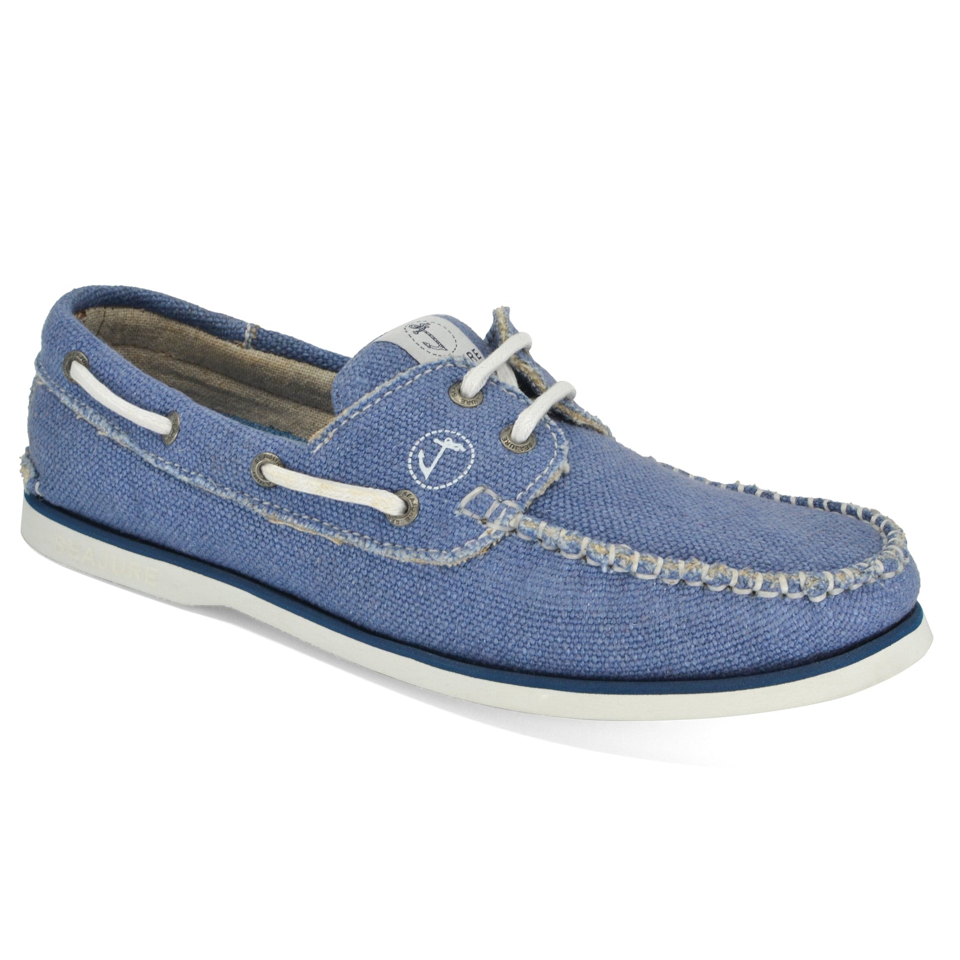 Men Hemp & Vegan Boat Shoe Fidden by Amethyst Hestia, with blue canvas and white stitching and laces, featuring a natural rubber sole and a logo on the tongue.