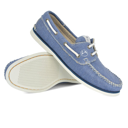 A pair of Men Hemp & Vegan Boat Shoe Fidden by Amethyst Hestia, with white laces and stitching, displayed against a white background.
