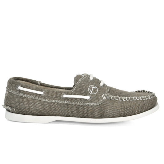 The Amethyst Hestia Men Hemp & Vegan Boat Shoe Scopello, crafted from premium hemp, features a single grey design with white laces and a natural rubber sole, viewed from the side.