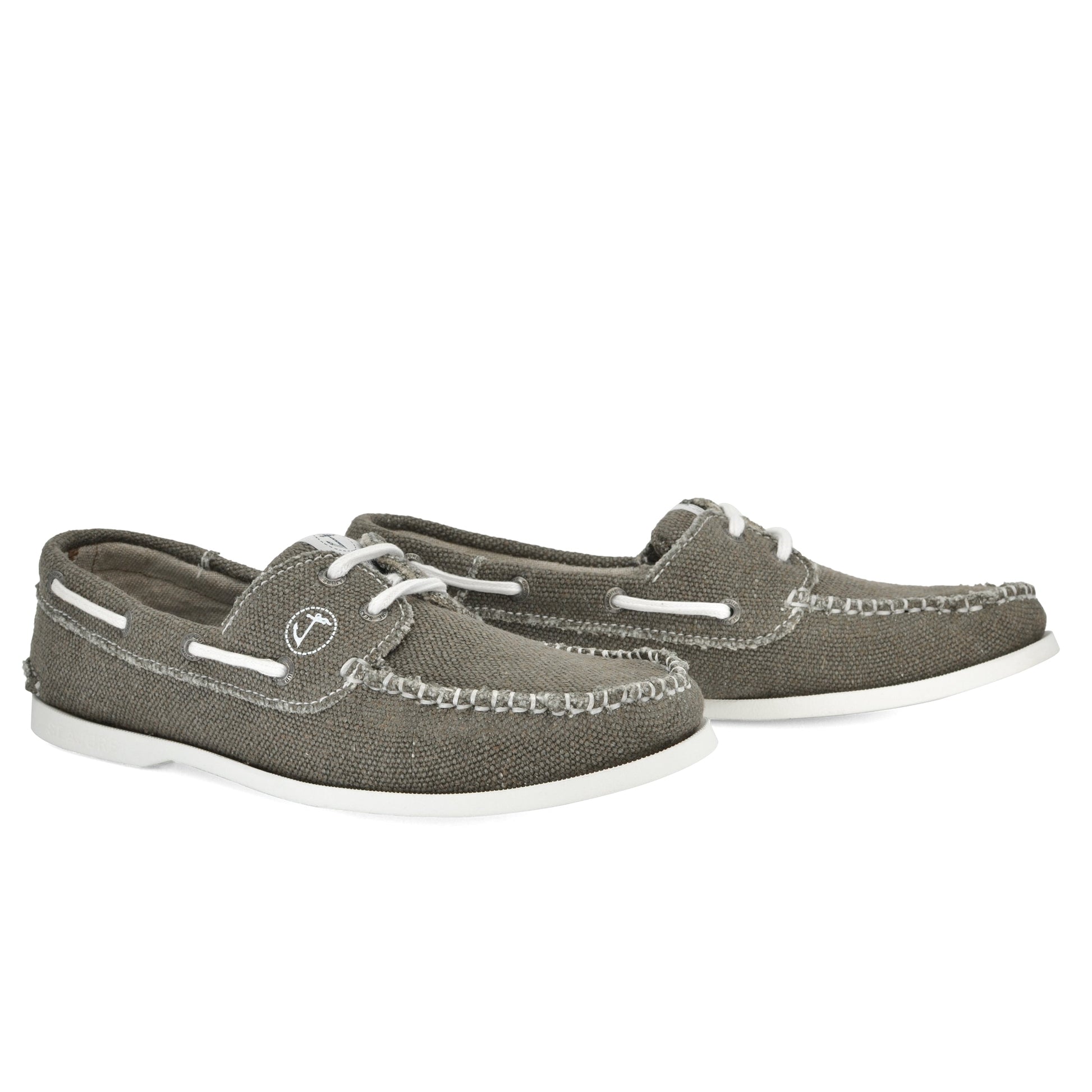 A pair of gray Amethyst Hestia Men Hemp & Vegan Boat Shoe Scopello with white laces and white soles, featuring stitching details around the edges, made from premium hemp and natural rubber.