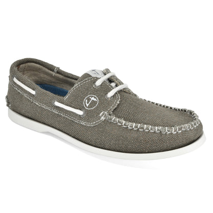 A single gray Amethyst Hestia Men Hemp & Vegan Boat Shoe Scopello with white laces and stitching, featuring a small embroidered logo on the side and a white sole made from natural rubber.