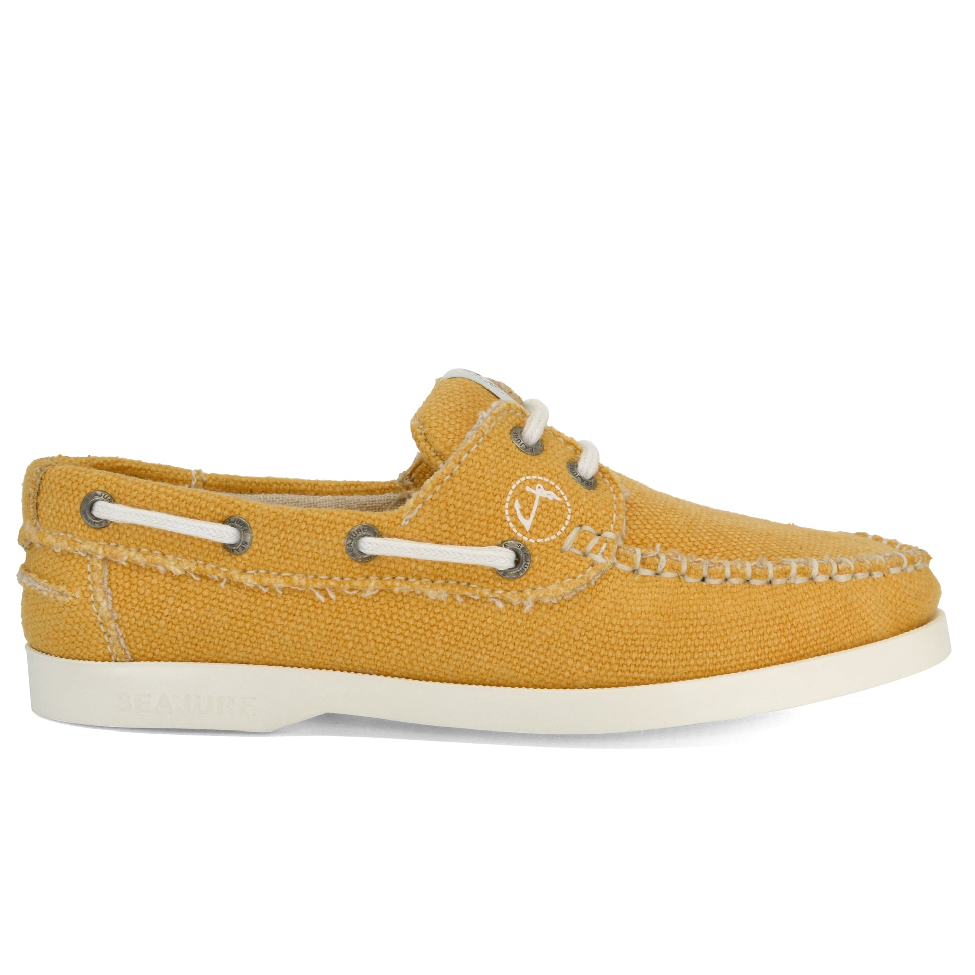 Discover the Amethyst Hestia Women Hemp & Vegan Boat Shoe Saharun: a single yellow shoe with white stitching and laces, featuring a white rubber sole and a small logo embroidered on the side. Crafted with premium hemp for ultimate sustainability, it embodies eco-friendly fashion without compromising on style.