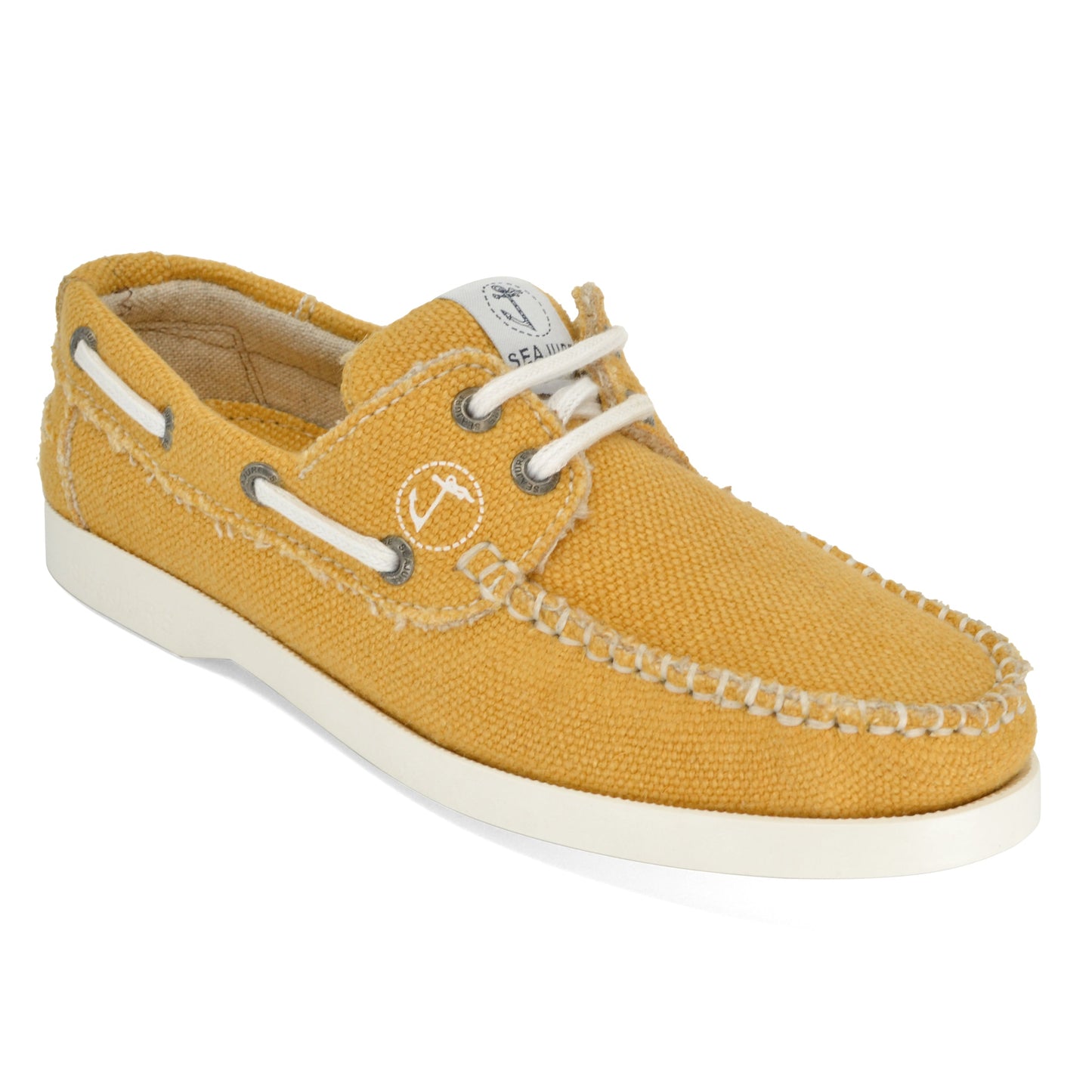 A single mustard yellow Amethyst Hestia Women Hemp & Vegan Boat Shoe Saharun with white laces and a white sole, featuring decorative stitching, metal eyelets, and crafted for sustainability.