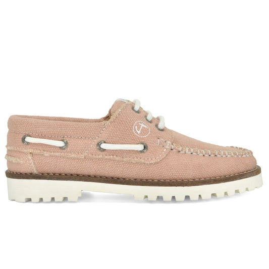 Pink Women Hemp & Vegan Boat Shoe Pasjaca with white laces and a white sole, displaying a small Amethyst Hestia logo on the side.