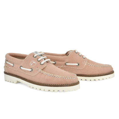 A pair of Women Hemp & Vegan Boat Shoe Pasjaca in light pink with white laces and stitching, set against a white background by Amethyst Hestia.