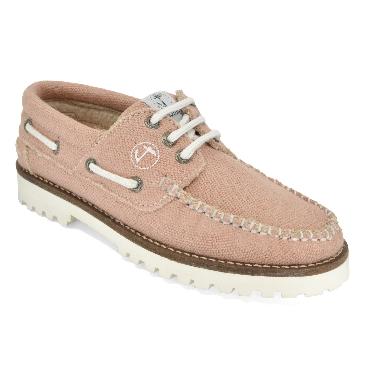 A light pink Women Hemp & Vegan Boat Shoe Pasjaca by Amethyst Hestia with white laces and a white rubber sole, displayed on a white background.
