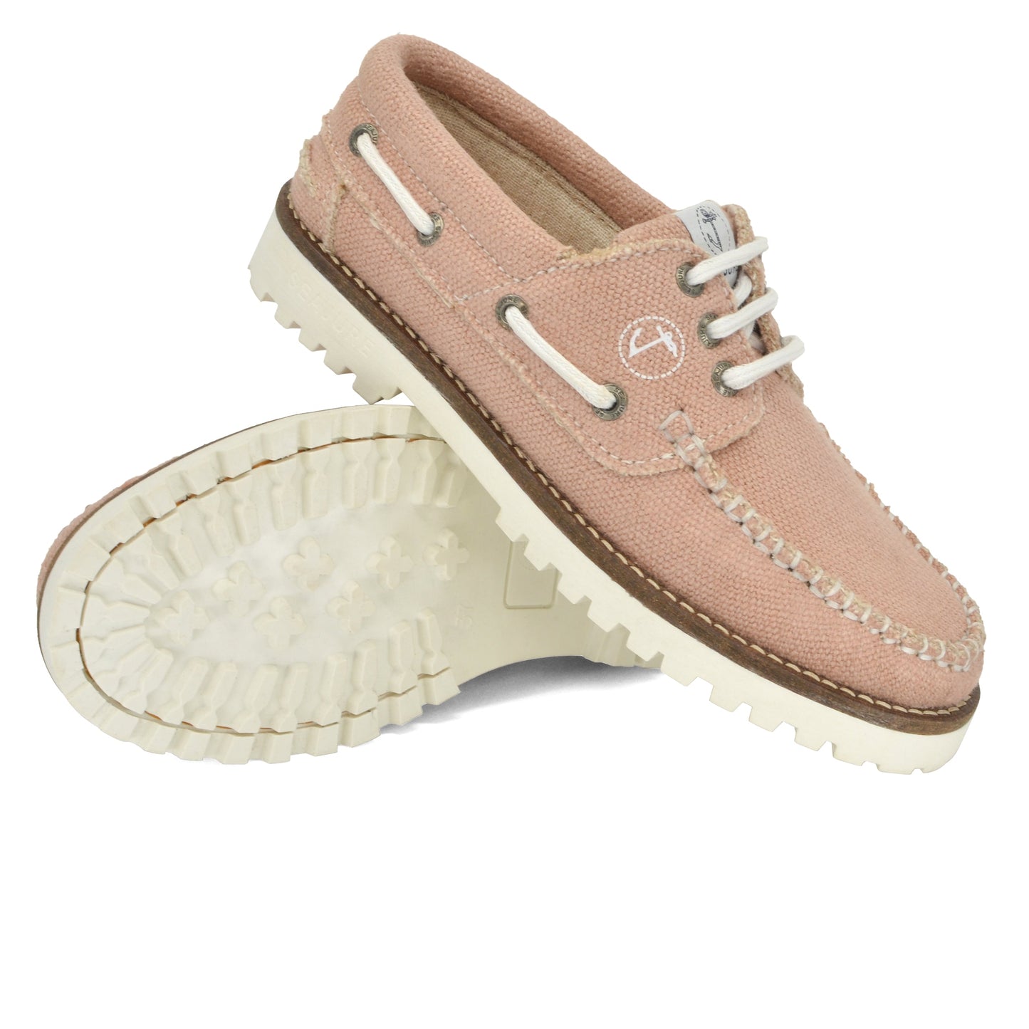 A pair of Women Hemp & Vegan Boat Shoe Pasjaca from Amethyst Hestia, with light pink fabric, white laces and a white sole, displayed on a white background.