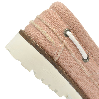 Close-up of a beige zipper partially open, revealing 'Women Hemp & Vegan Boat Shoe Pasjaca' text on the metal teeth, against a white background made of organic cotton by Amethyst Hestia.