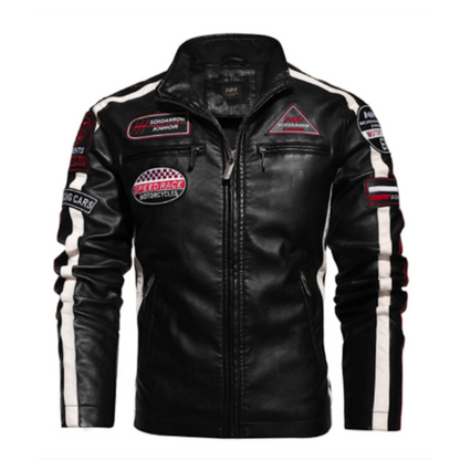 A trendy black Mens Biker Vegan Leather Jacket With Badges by Yellow Pandora adorned with various racing patches on the front, sleeves, and shoulders. The jacket features white stripes on the sleeves and a zipper front closure.