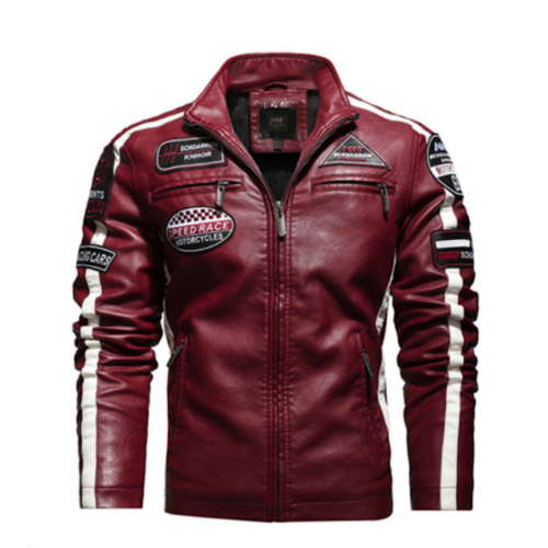 A trendy red Mens Biker Vegan Leather Jacket With Badges by Yellow Pandora with various patches and two white stripes on each sleeve. It features a front zipper and zipper pockets, adding both functionality and style.
