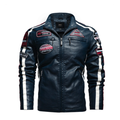 Yellow Pandora Mens Biker Vegan Leather Jacket With Badges featuring various patches on the front, sleeves, and shoulders, including racing-themed designs. White and navy stripes run down the sleeves. The jacket has zippers and a stand-up collar for that trendy edge.