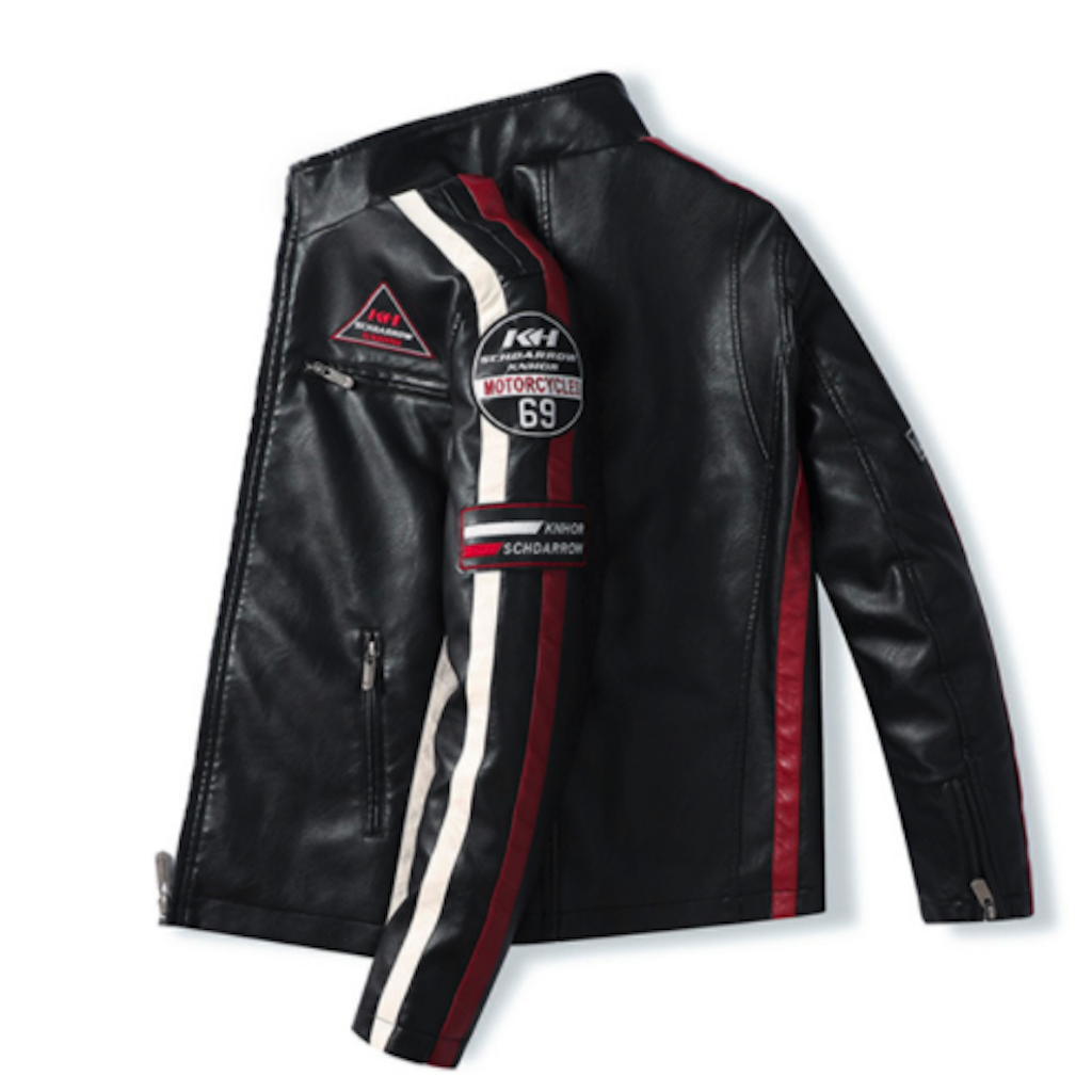 Trendy black Mens Biker Vegan Leather Jacket With Badges from Yellow Pandora, with white and red stripes on the sleeves, various patches including "Motorcycle 69" on the right sleeve, and decorative text details.