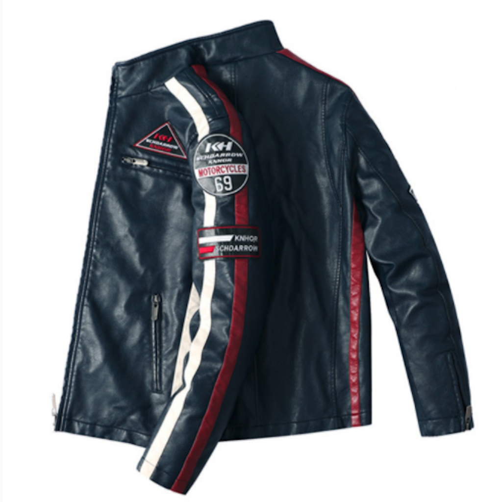 A trendy blue Mens Biker Vegan Leather Jacket With Badges from Yellow Pandora, featuring red and white racing stripes on the sleeves and adorned with various patches on the upper arm and chest.