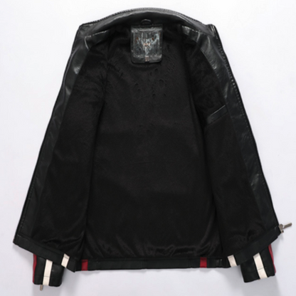A **Mens Biker Vegan Leather Jacket With Badges** by **Yellow Pandora** is shown opened to display its interior. The inner lining is dark with a visible label at the top. The sleeve cuffs feature white and red stripes, adding a stylish touch to this must-have piece.