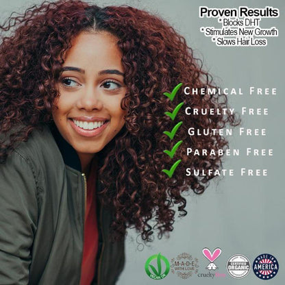 A woman with curly hair is smiling with the words 'proven results' in a White Thalassa Organic Caffeine Hair Growth Shampoo advertisement.