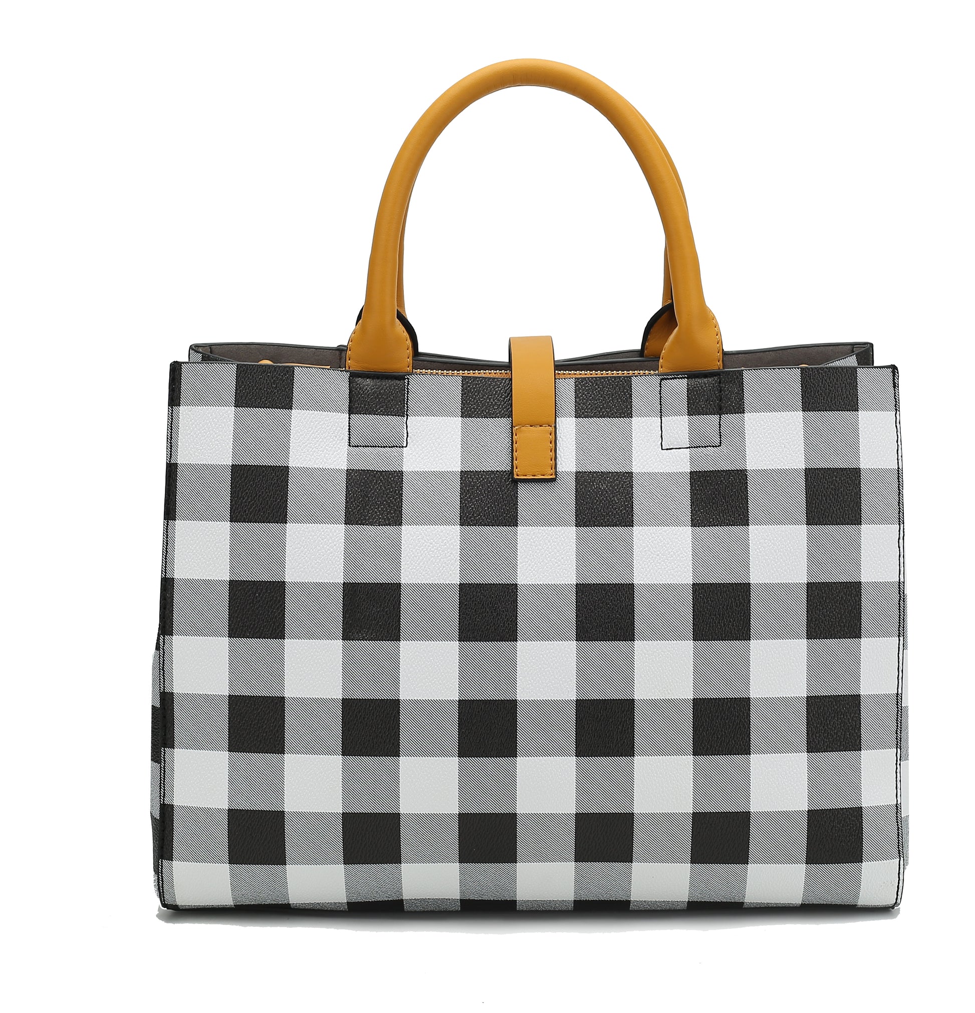 A Yuliana Checkered Satchel Bag with Wallet Vegan Leather Women from Pink Orpheus with yellow handles.