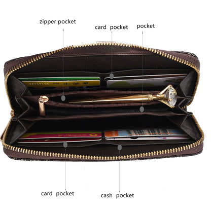 The contents of a Peyton Vegan Leather M Signature Women Wallet made by Pink Orpheus are shown, highlighting its functionality.