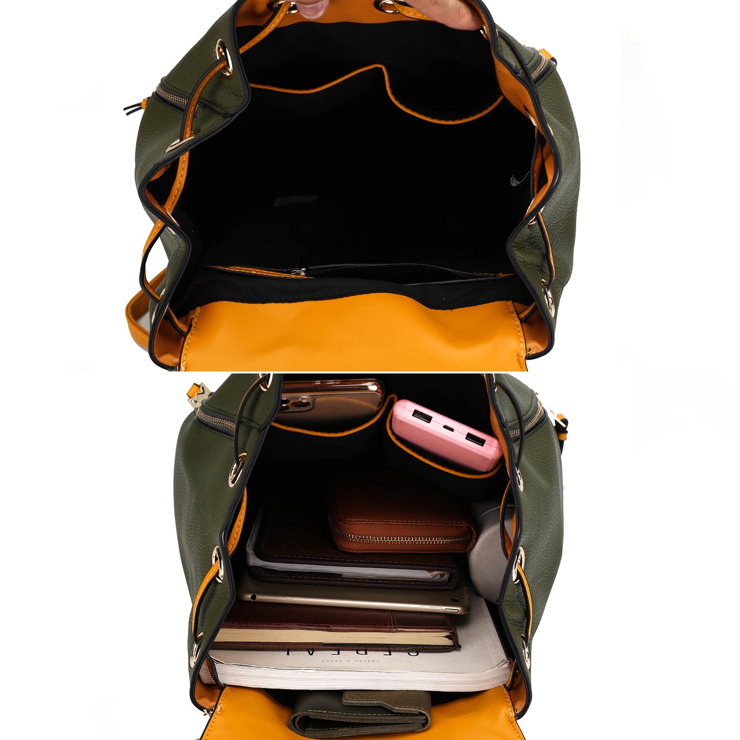 Two pictures of the Pink Orpheus Kimberly Backpack Vegan Leather Women showcasing its spacious storage capacity for a laptop and cell phone.