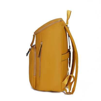 Side view of the Angela Large Backpack Vegan Leather by Pink Orpheus in yellow with multiple compartments and zippers, featuring adjustable shoulder straps and a top handle.