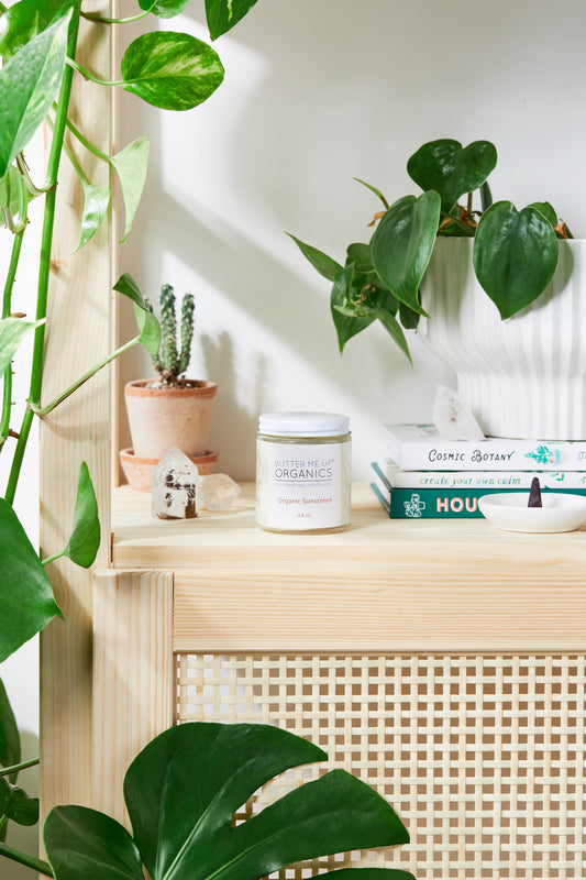 A shelf with books and plants, adorned with a Natural Organic Sunscreen by White Smokey for ambiance.