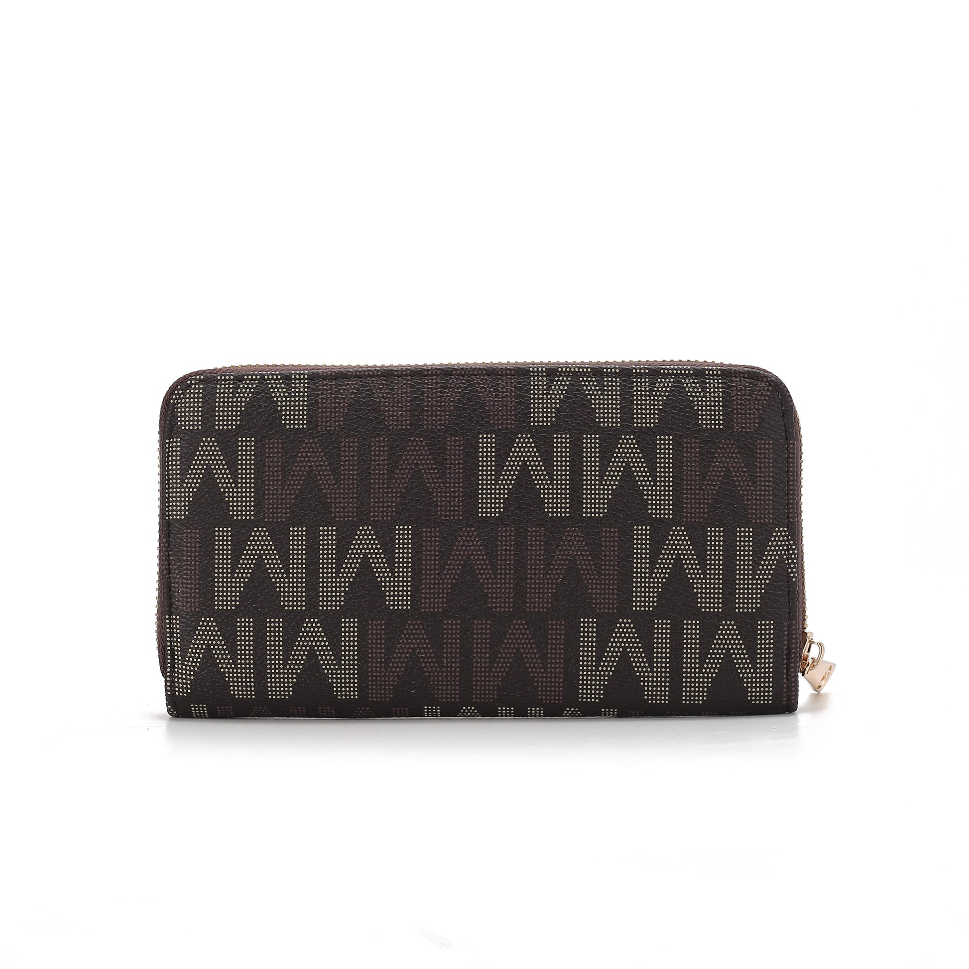 A Peyton Vegan Leather M Signature Women Wallet by Pink Orpheus, with functionality and a logo on it.