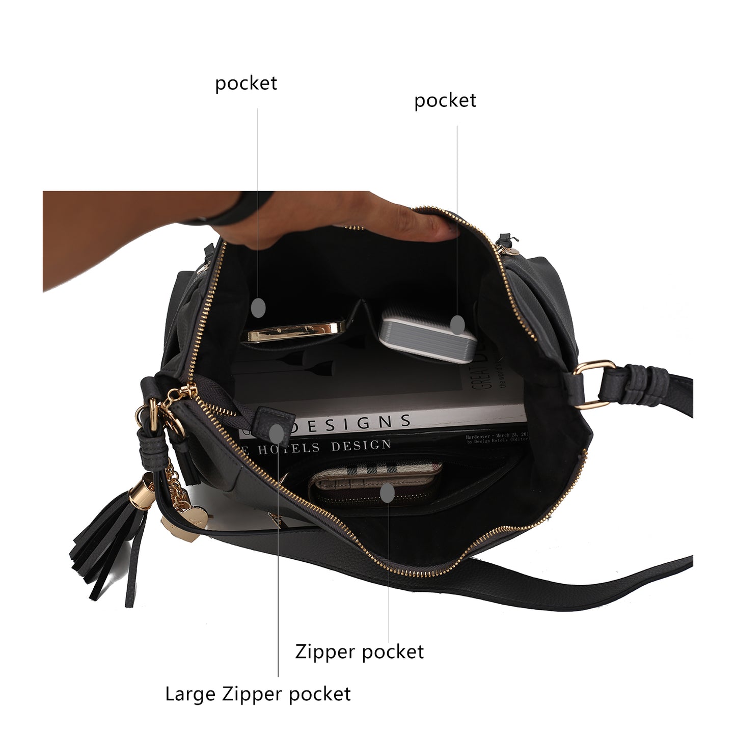 Open Ruby Vegan Leather Women Shoulder Bag displaying internal compartments and labeled pockets, made from Pink Orpheus.