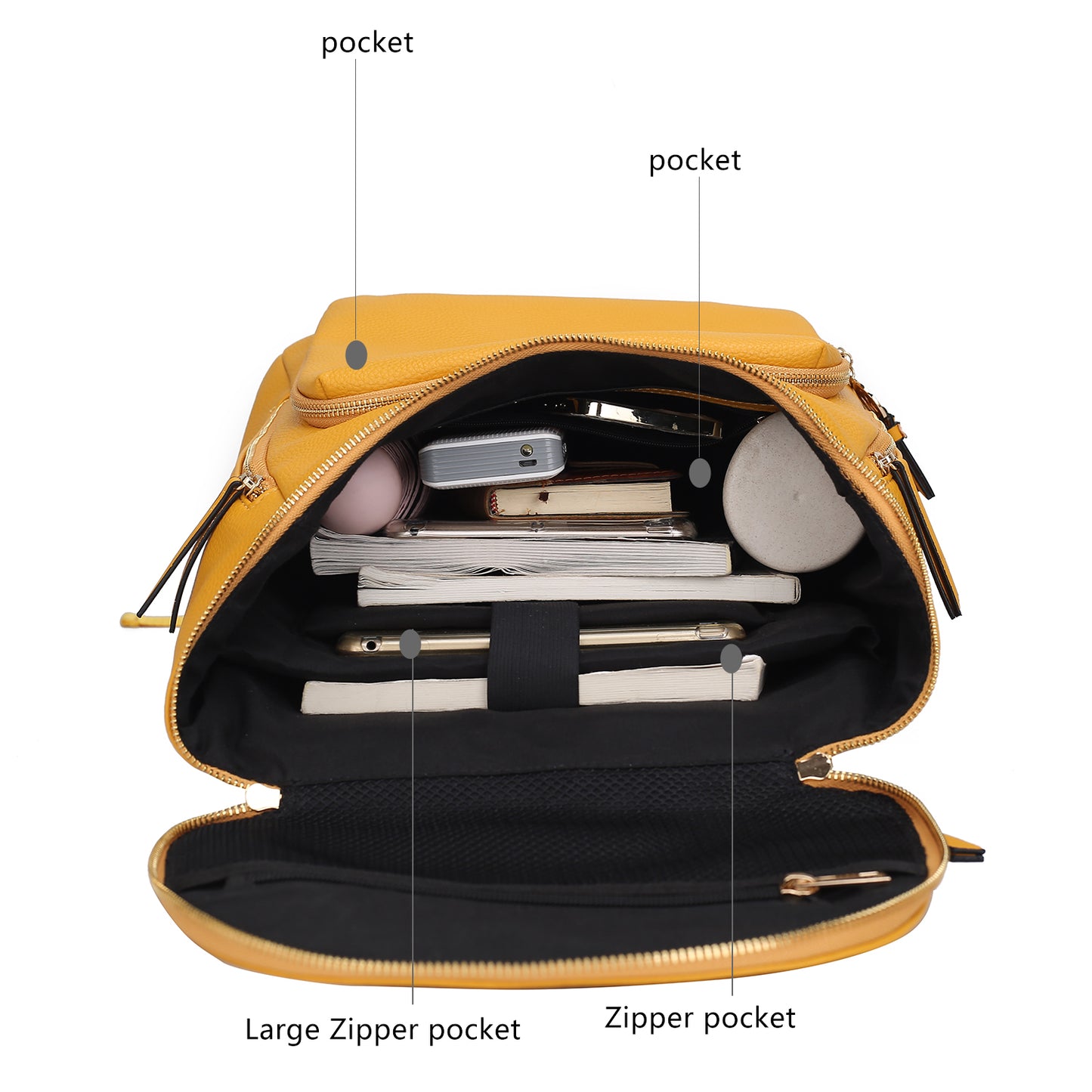 An open, stylish, and functional yellow Angela Large Backpack Vegan Leather by Pink Orpheus showcasing high-quality vegan leather, organized contents including a phone, notepads, a pen, and other items within labeled pockets and zipper compartments.