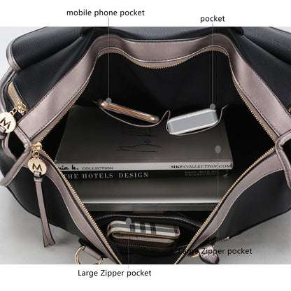 The contents of a Pink Orpheus Genevieve Duffle Handbag Color Block Vegan Leather Women with a zippered pocket.