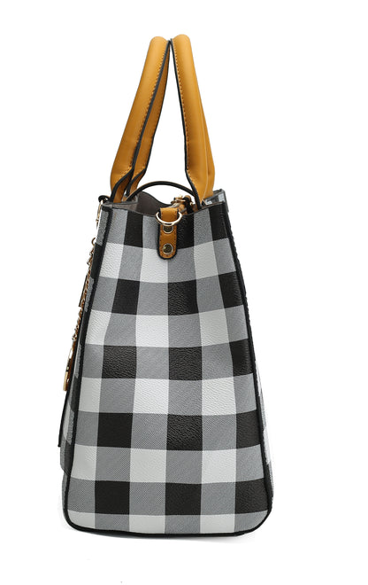 A Yuliana Checkered Satchel Bag with Wallet Vegan Leather Women by Pink Orpheus on a white background.