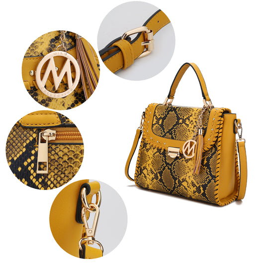 The Pink Orpheus Lilli Satchel Handbag Vegan Leather Women is a stunning yellow python skin handbag with a tassel, crafted from vegan leather that perfectly captures the elegant snake print design.