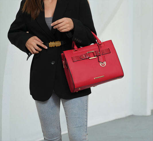 A woman is holding a Pink Orpheus Virginia Vegan Leather Women Tote Bag with Wallet with a red crocodile-embossed finish.