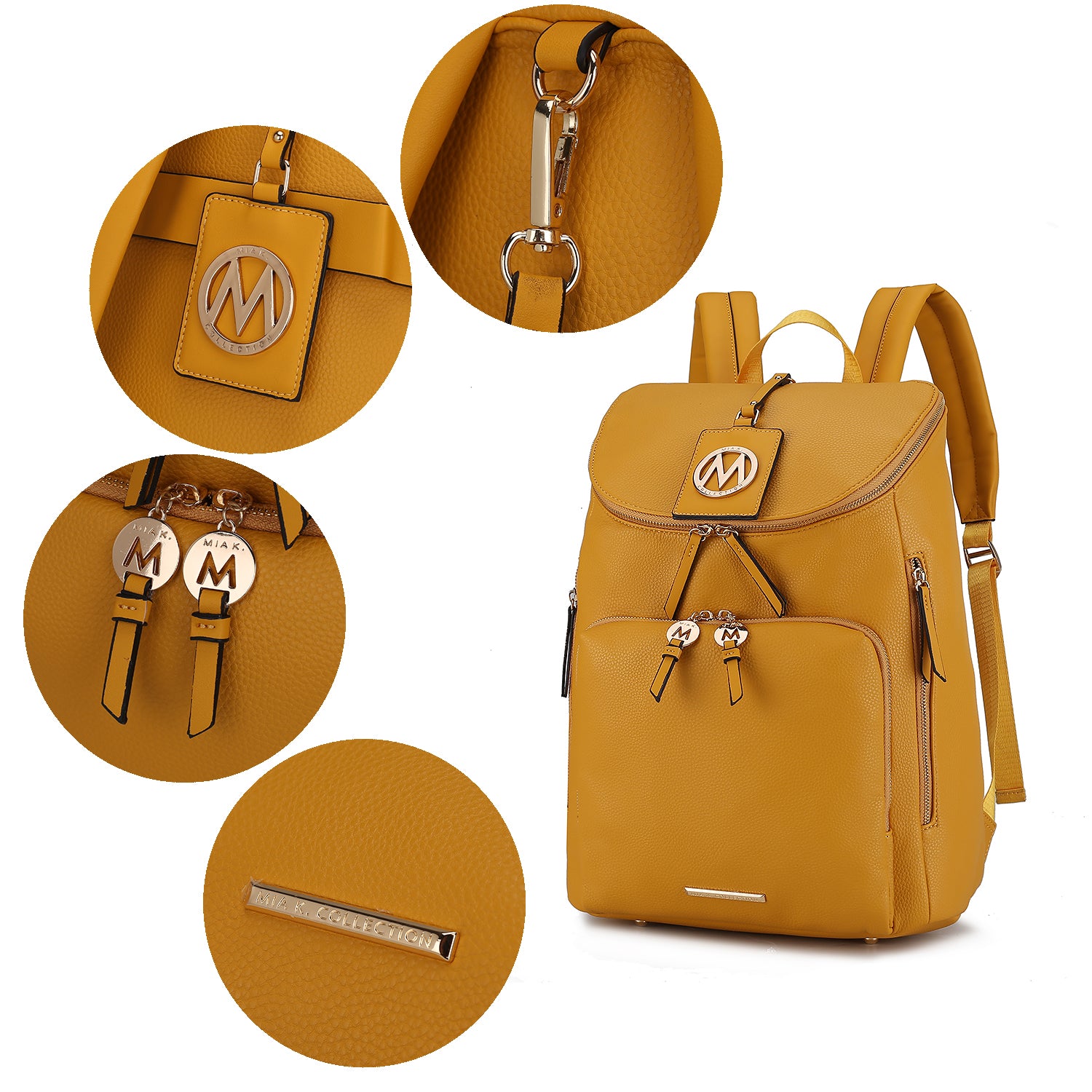 The Angela Large Backpack Vegan Leather by Pink Orpheus is a yellow, stylish and functional accessory with zippered pockets, adjustable shoulder straps, metal clasps and detailing, crafted from high quality vegan leather. It features a circular emblem with a stylized "M." Close-ups show the logo tag, zippers, and textured material.