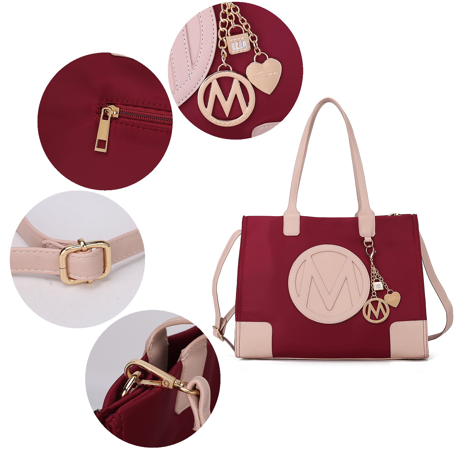 A Pink Orpheus Louise Tote Handbag and Wallet Set Vegan Leather with a chain and charms.
