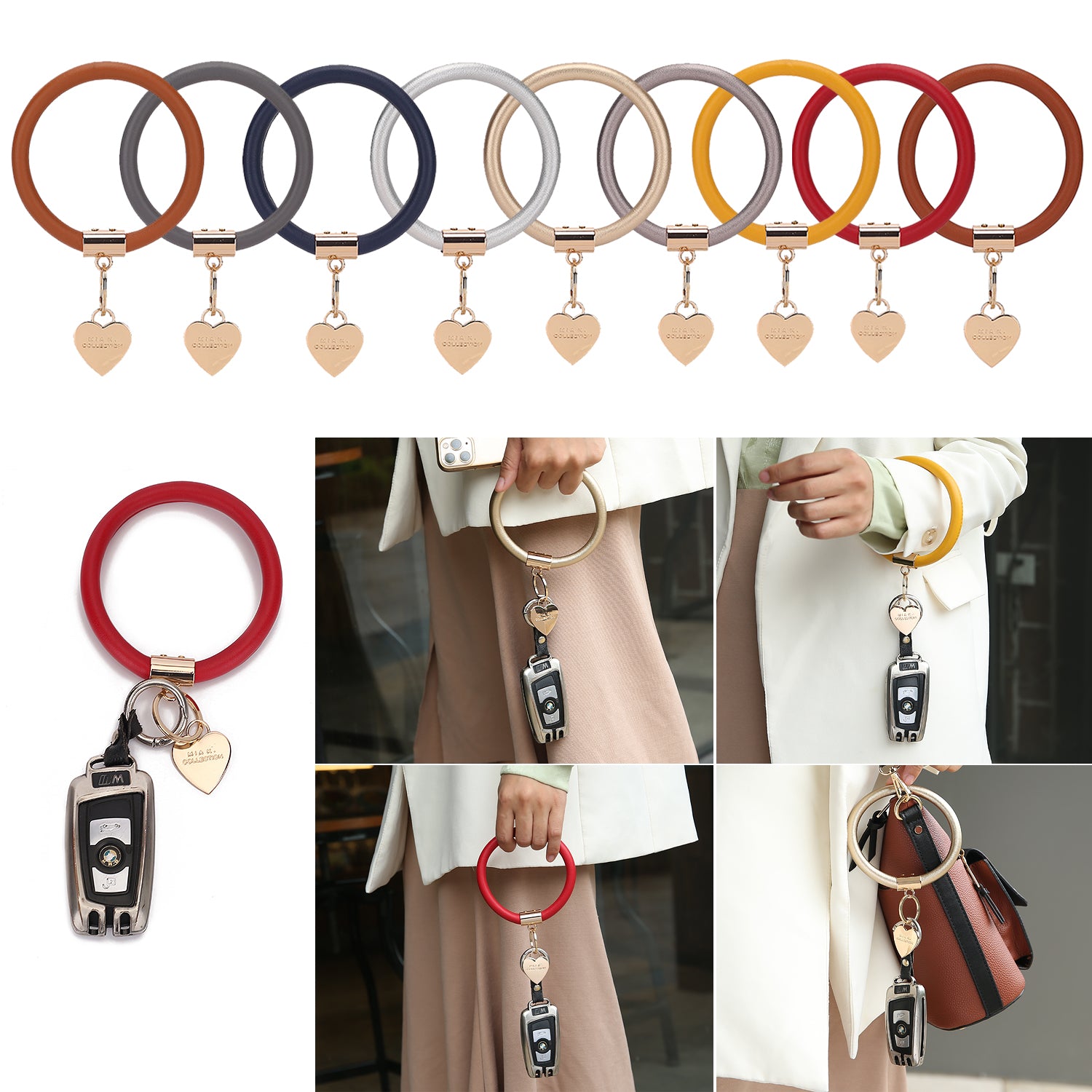 Collection of colorful Jasmine Vegan Leather Women Bangle Wristlet Keychain sets with heart-shaped charms showcased in different styles and being used as a versatile accessory by Pink Orpheus.