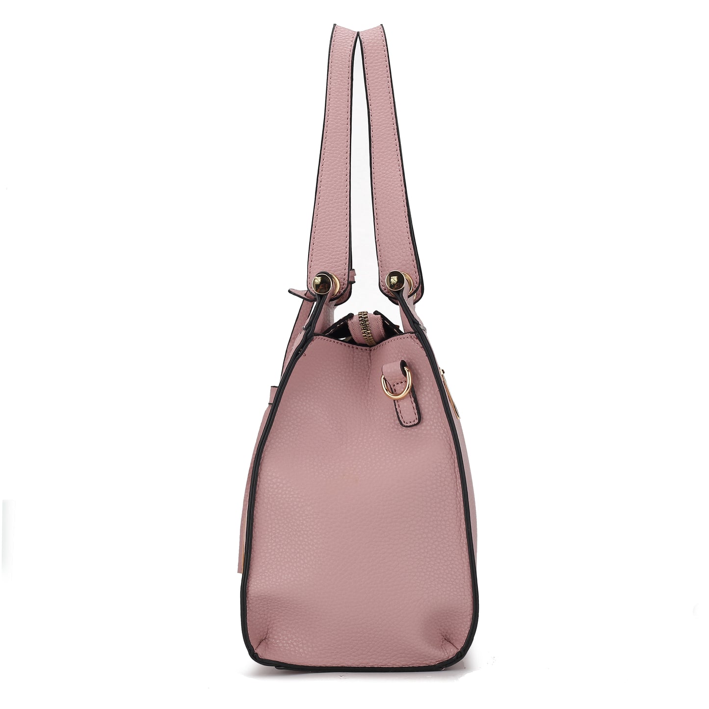 The Pink Orpheus Shelby Satchel Handbag with Wallet Vegan Leather Women is a pink handbag made of vegan leather. It features two handles and a zipper closure.