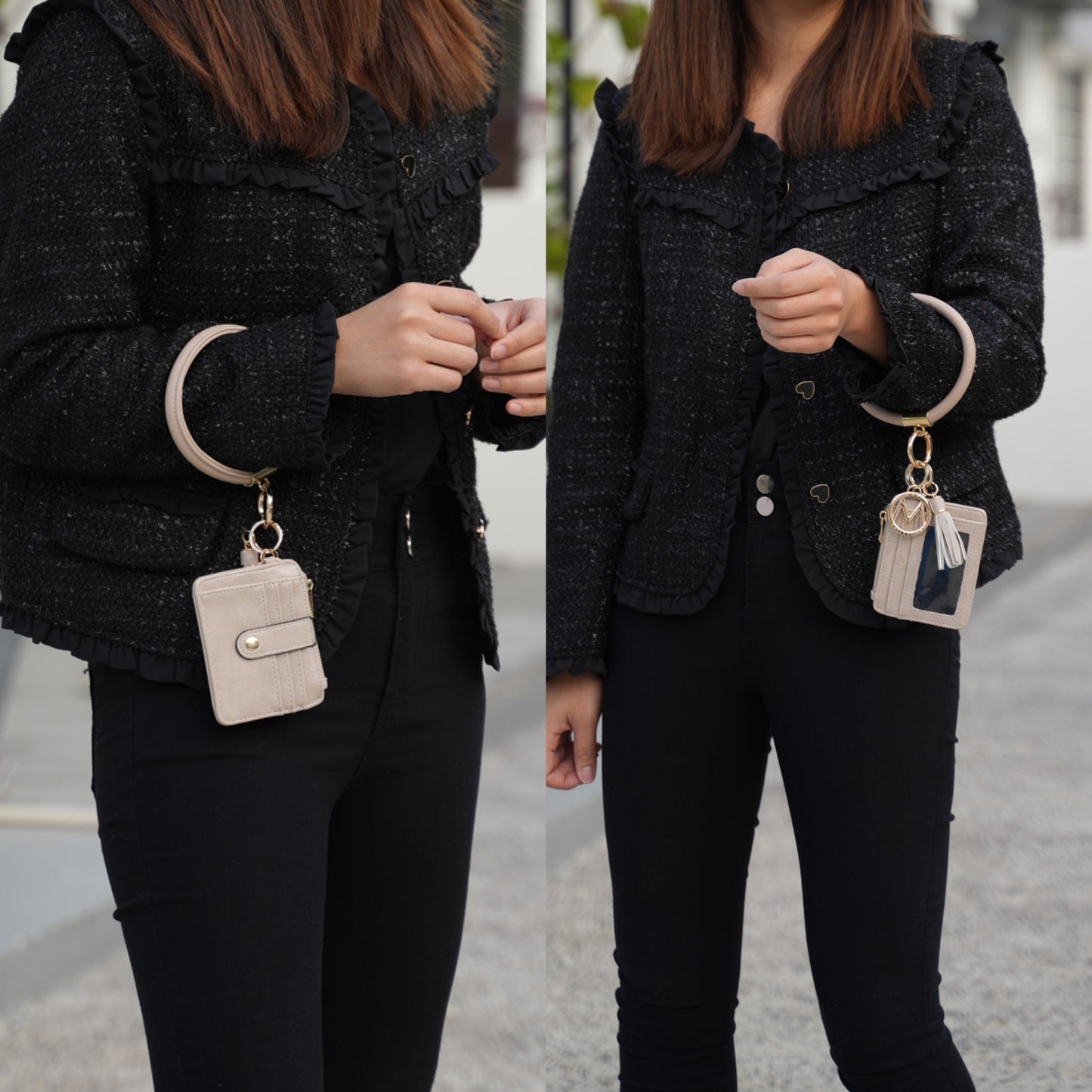 A person wearing a black textured jacket with a small pink purse and a Pink Orpheus Jordyn Vegan Leather Bracelet Keychain with a Credit Card Holder.