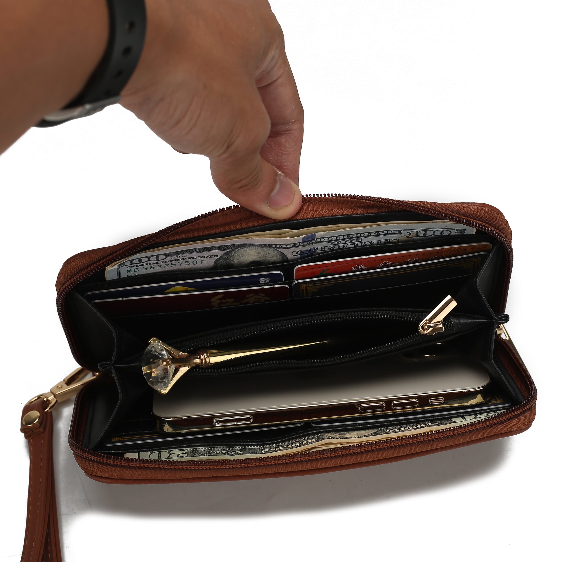 A person holding a Pink Orpheus Alexandra Vegan Leather Women Tote Handbag with Wallet.