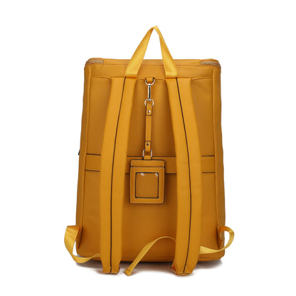 The Angela Large Backpack Vegan Leather by Pink Orpheus, crafted from vegan leather, features a mustard yellow design with two shoulder straps, a handle at the top, and a small exterior pocket on the back. Perfect for travel or daily use.