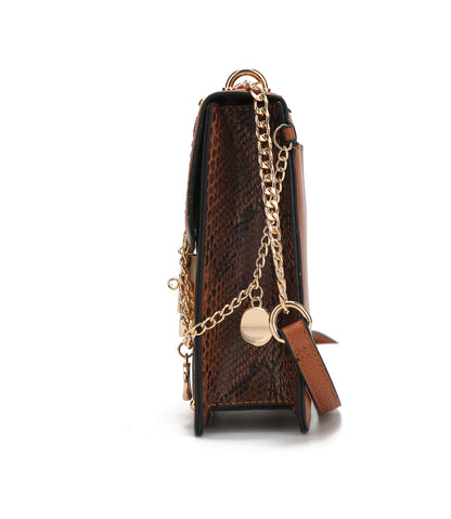 An Iona Crossbody Handbag Vegan Leather Women handbag from Pink Orpheus, with a brown python skin texture and a chain strap, perfect for wearing as a crossbody.