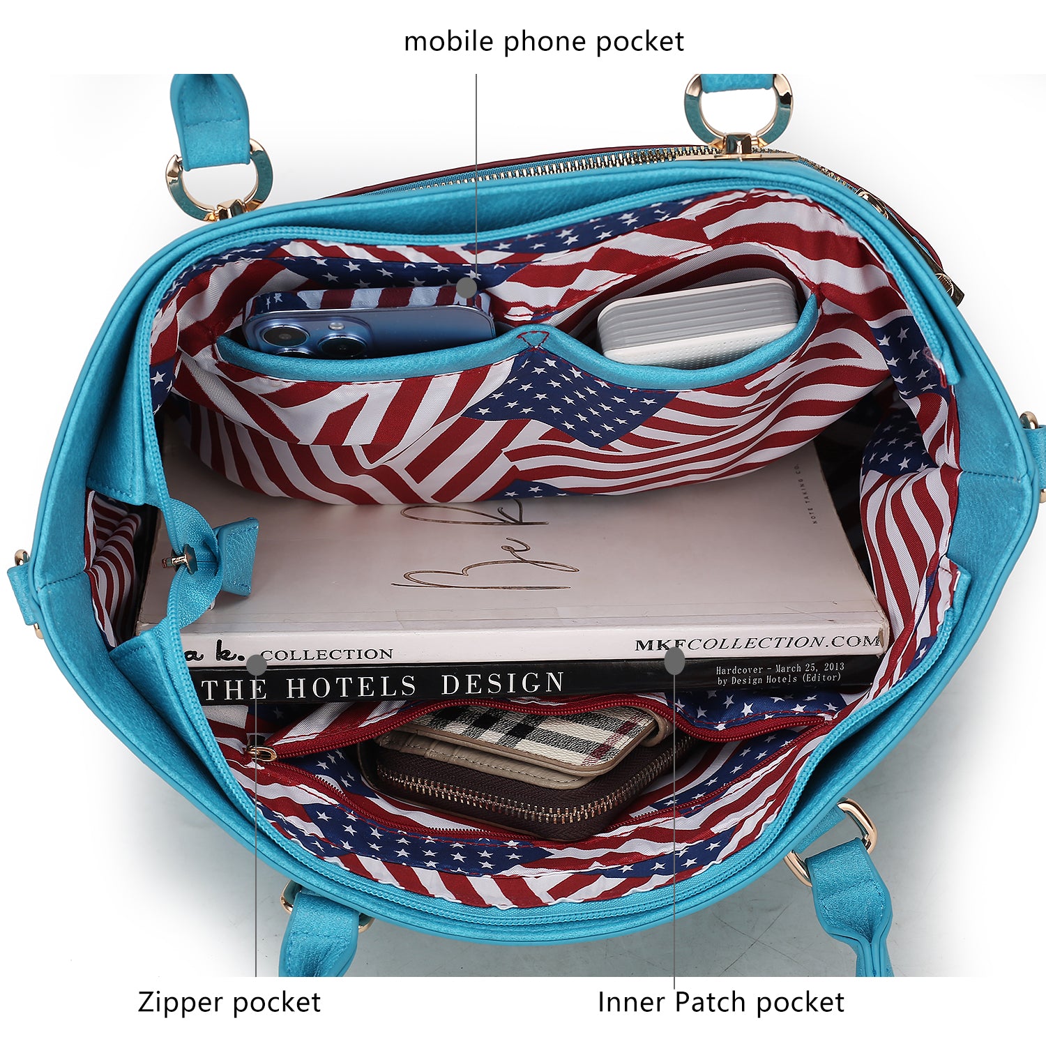 The contents of a Lilian Vegan Leather Womens US FLAG Tote Bag from Pink Orpheus.