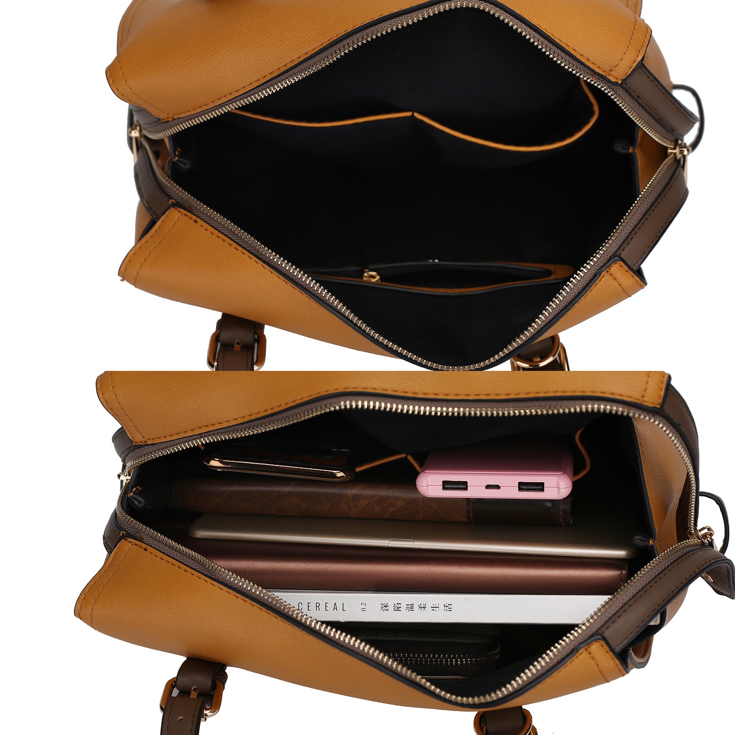 A Pink Orpheus Elise Vegan Leather Color-block Women Satchel Bag with two compartments and a cell phone.