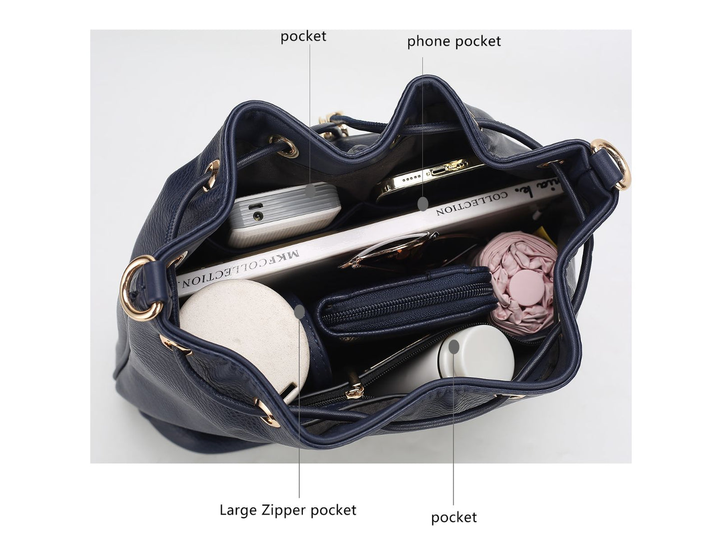 The contents of a blue Pink Orpheus Larissa Vegan Leather Women's Bucket Bag with Wallet are shown.
