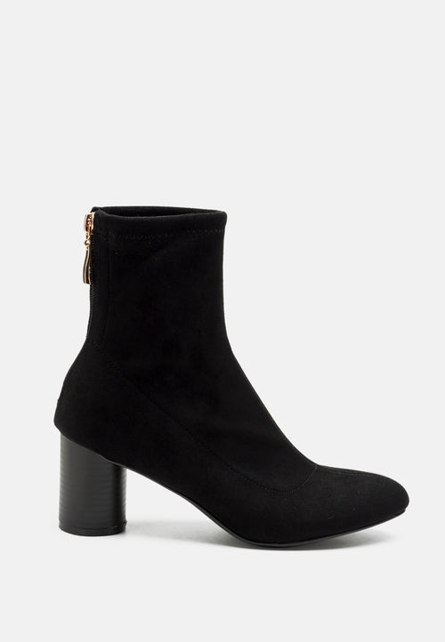 Black Vegan Micro Suede Ankle Boots with a block heel and side zipper by Ruby Smudge.