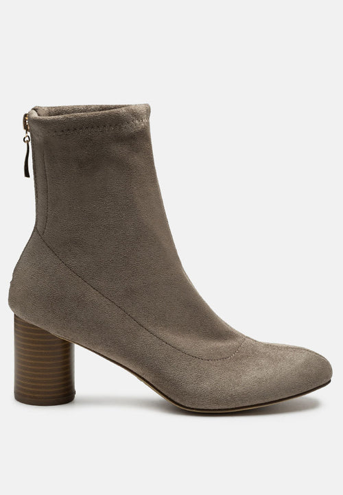 Taupe Vegan Micro Suede ankle boot with stacked heel and side zipper by Ruby Smudge.