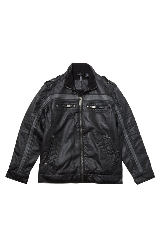 Vegan Leather Moto Jacket with Grey Stripe