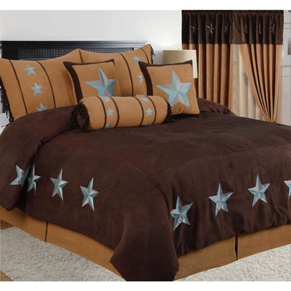 Rustic Brown Western Turquoise Star Microsuede Comforter - 7 Piece Set